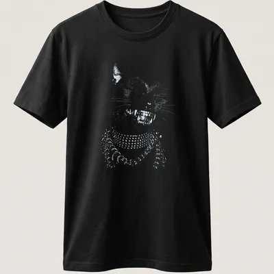 Hip hop style black cat T-shirt with grillz and chains in gold and silver