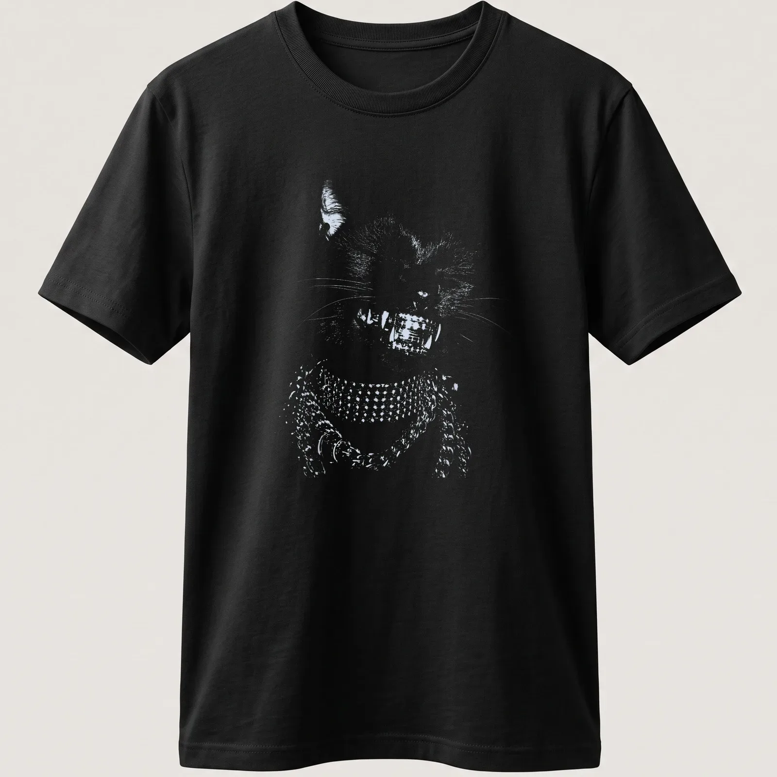 Hip hop style black cat T-shirt with grillz and chains in gold and silver — printed on a unisex t-shirt