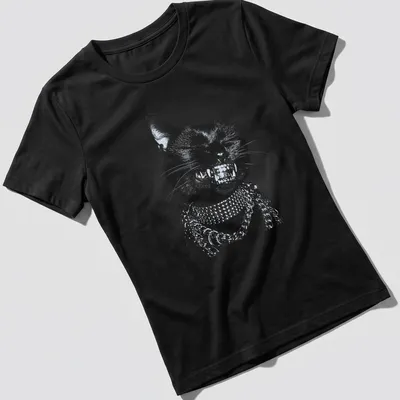 Hip hop style black cat T-shirt with grillz and chains in gold and silver — printed on a women's shirt
