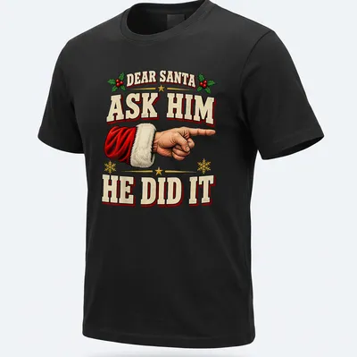 Vintage design shirt featuring Santa's hand and festive text in red, green, and cream.
