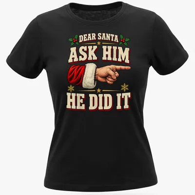 Vintage design shirt featuring Santa's hand and festive text in red, green, and cream. — printed on a women's shirt