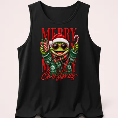 A funny cartoon frog in a Santa hat with the phrase Merry Merry Christmas. — printed on a tank top