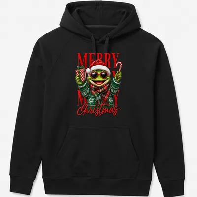 A funny cartoon frog in a Santa hat with the phrase Merry Merry Christmas. — printed on a unisex hoodie