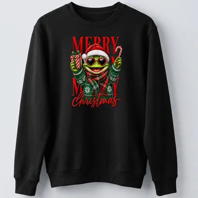 A funny cartoon frog in a Santa hat with the phrase Merry Merry Christmas. — printed on a unisex sweatshirt