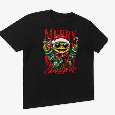 A funny cartoon frog in a Santa hat with the phrase Merry Merry Christmas. — printed on a unisex t-shirt (angled view)
