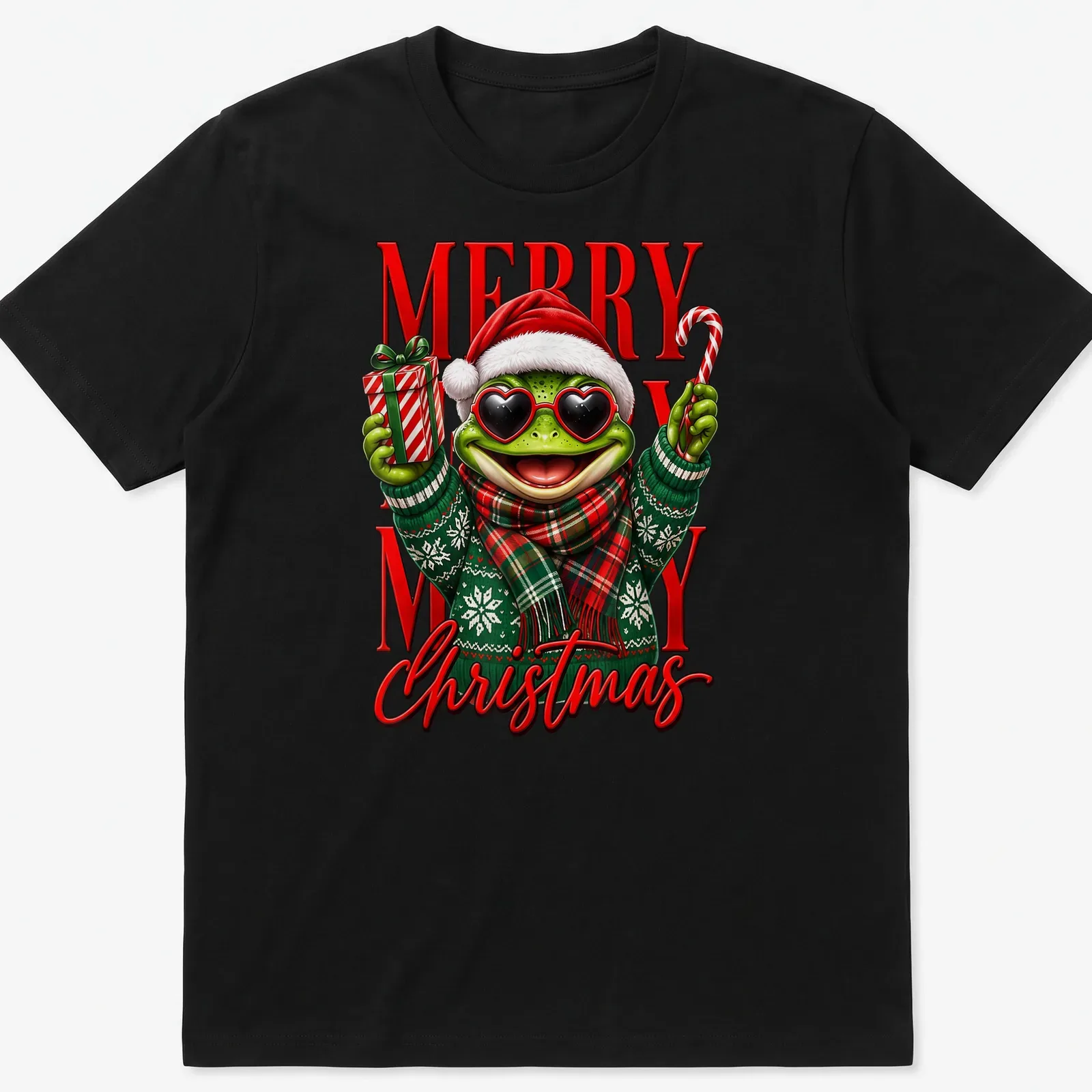 A funny cartoon frog in a Santa hat with the phrase Merry Merry Christmas. — printed on a unisex t-shirt