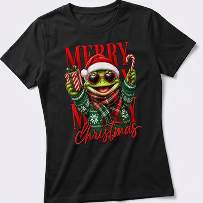 A funny cartoon frog in a Santa hat with the phrase Merry Merry Christmas. — printed on a women's shirt