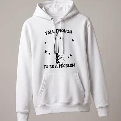 Cartoon duck holding a knife with humorous text about height problem — printed on a unisex hoodie