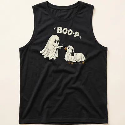 Retro distressed Halloween shirt with a ghost dog and the text Boo-P — printed on a tank top