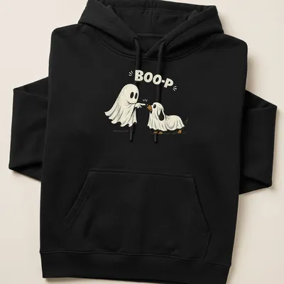 Retro distressed Halloween shirt with a ghost dog and the text Boo-P — printed on a unisex hoodie
