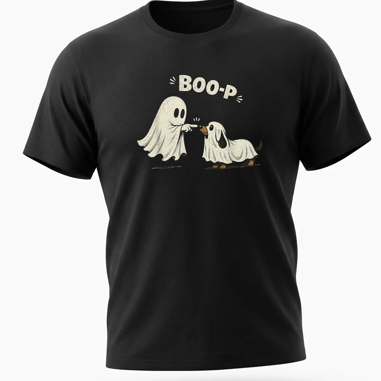 Retro distressed Halloween shirt with a ghost dog and the text Boo-P — printed on a unisex t-shirt