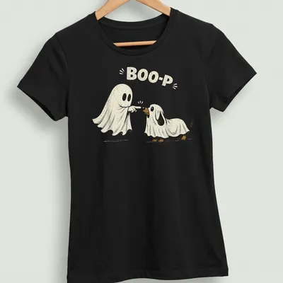 Retro distressed Halloween shirt with a ghost dog and the text Boo-P — printed on a women's shirt