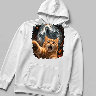 Illustration of an orange tabby cat with a ghost, using dark fantasy style. — printed on a unisex hoodie