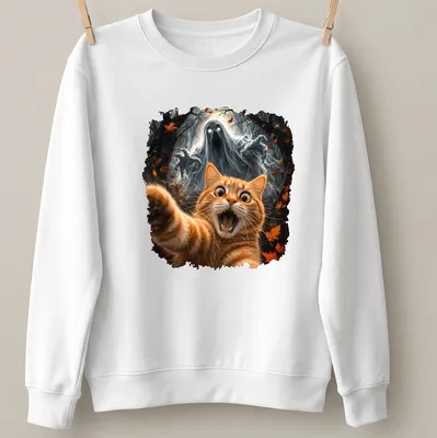 Illustration of an orange tabby cat with a ghost, using dark fantasy style. — printed on a sweatshirt