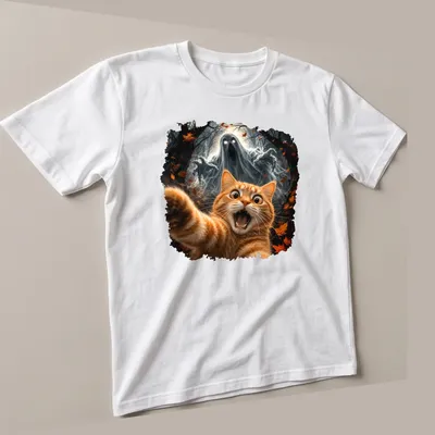 Illustration of an orange tabby cat with a ghost, using dark fantasy style. — angled view