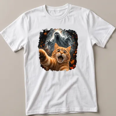 Illustration of an orange tabby cat with a ghost, using dark fantasy style.