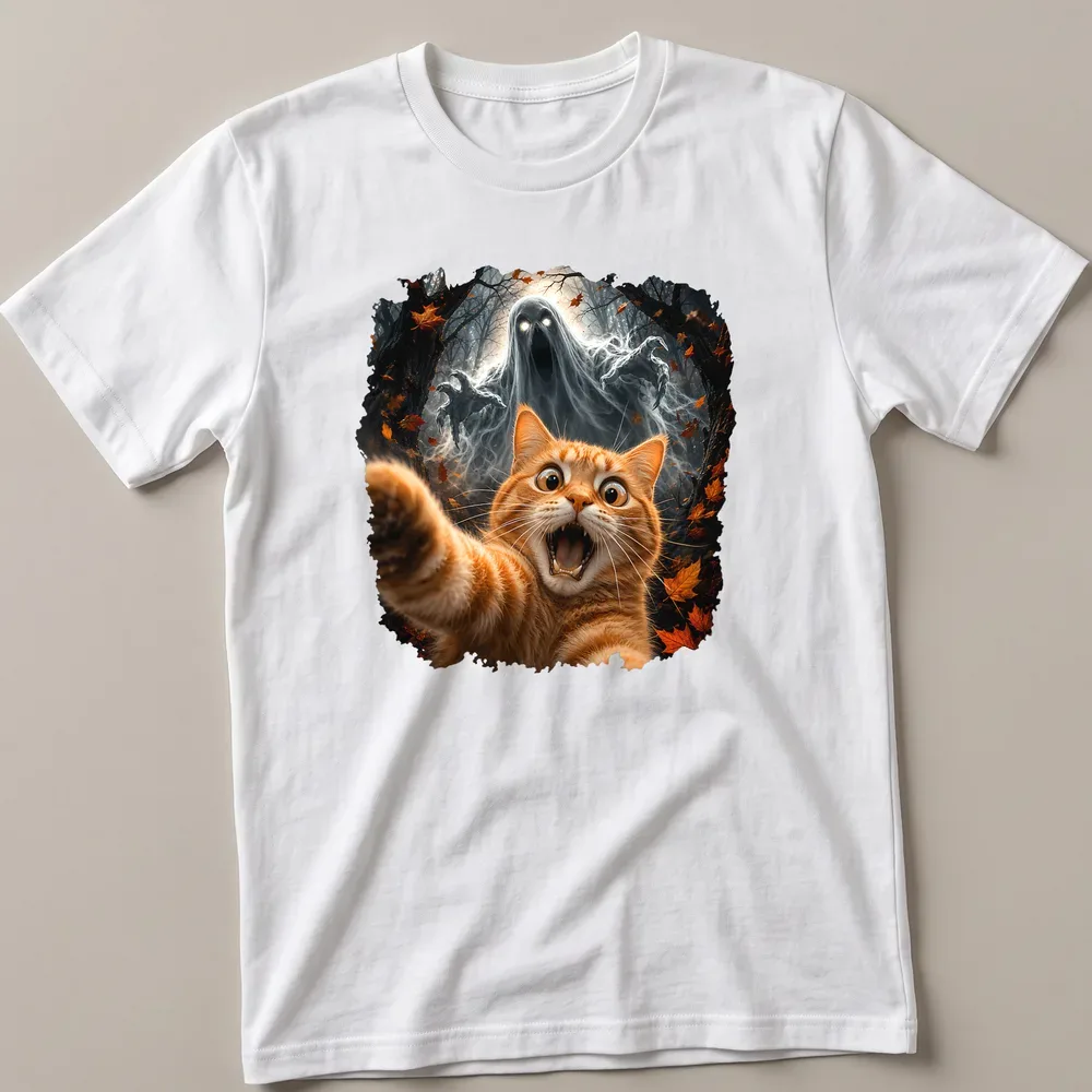 Illustration of an orange tabby cat with a ghost, using dark fantasy style.