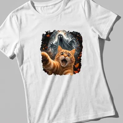 Illustration of an orange tabby cat with a ghost, using dark fantasy style. — printed on a women's t-shirt