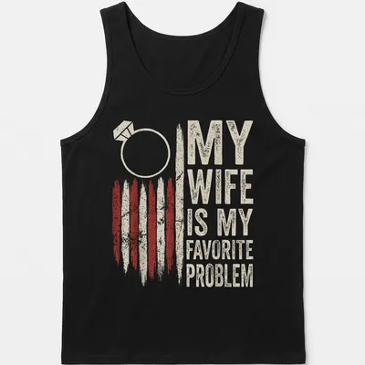 Distressed vintage T-shirt with humorous wedding ring graphic and text about marriage problems — printed on a tank top