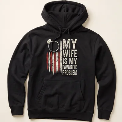 Distressed vintage T-shirt with humorous wedding ring graphic and text about marriage problems — printed on a unisex hoodie