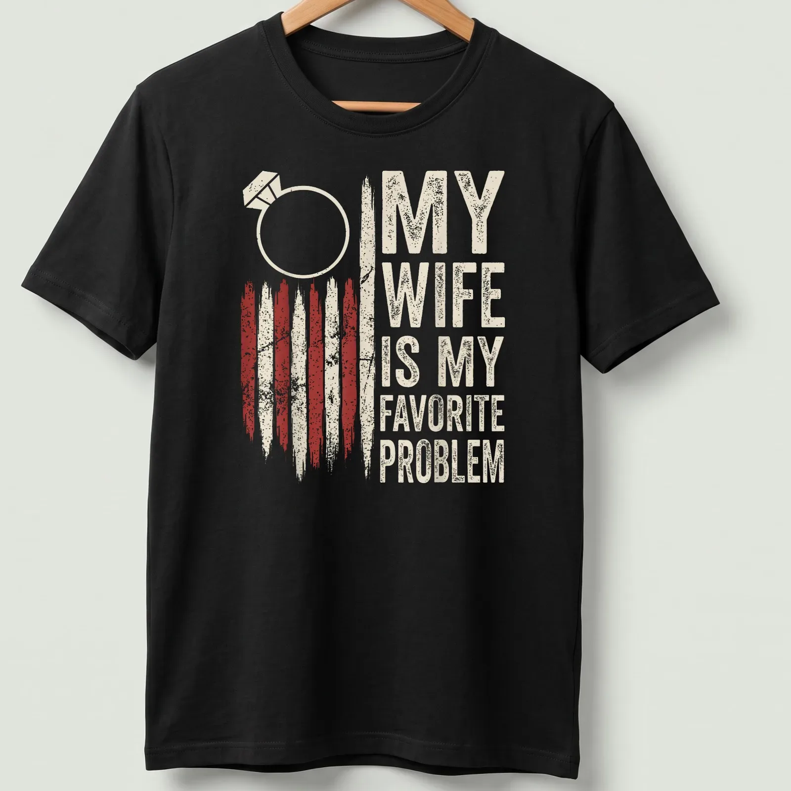 Distressed vintage T-shirt with humorous wedding ring graphic and text about marriage problems — printed on a unisex t-shirt