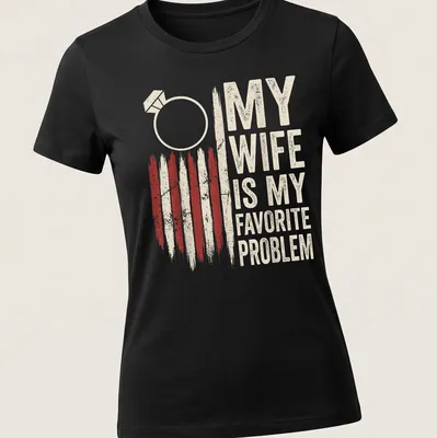 Distressed vintage T-shirt with humorous wedding ring graphic and text about marriage problems — printed on a women's shirt