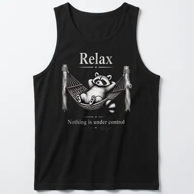Vintage illustration of a relaxed raccoon with the text 'Relax Nothing is under control' — printed on a tank top