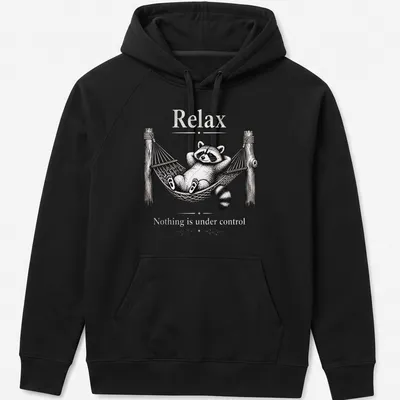 Vintage illustration of a relaxed raccoon with the text 'Relax Nothing is under control' — printed on a unisex hoodie