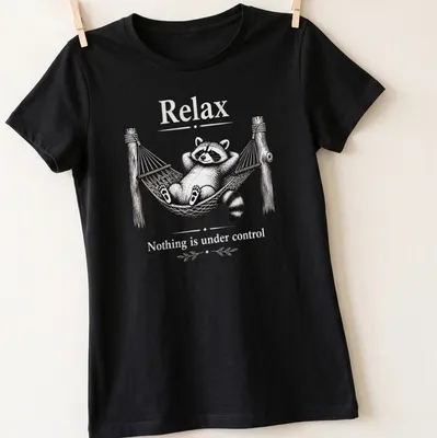 Vintage illustration of a relaxed raccoon with the text 'Relax Nothing is under control' — printed on a women's shirt
