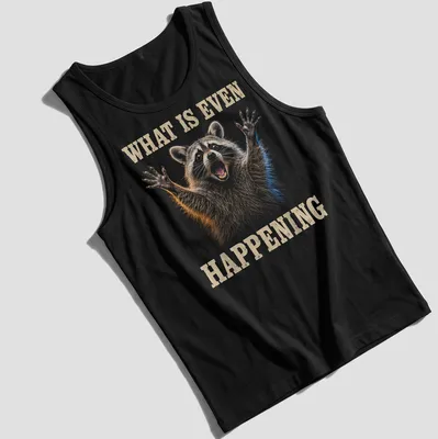 Realistic illustration of a yelling raccoon with humorous text 'What Is Even Happening' — printed on a tank top
