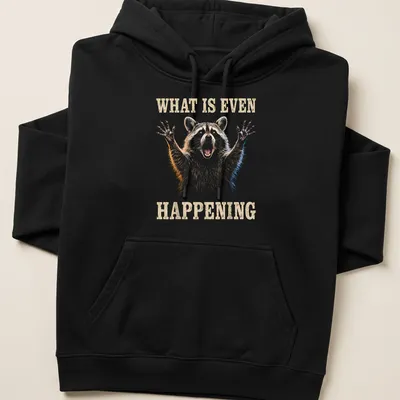 Realistic illustration of a yelling raccoon with humorous text 'What Is Even Happening' — printed on a unisex hoodie