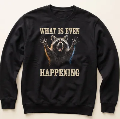 Realistic illustration of a yelling raccoon with humorous text 'What Is Even Happening' — printed on a unisex sweatshirt