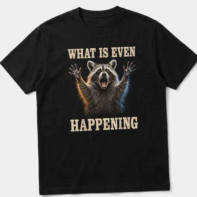 Realistic illustration of a yelling raccoon with humorous text 'What Is Even Happening'