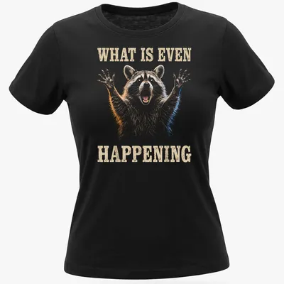 Realistic illustration of a yelling raccoon with humorous text 'What Is Even Happening' — printed on a women's shirt