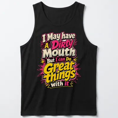 Bold comic-style t-shirt with humorous text and playful colors — printed on a tank top