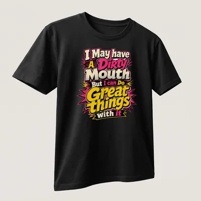 Bold comic-style t-shirt with humorous text and playful colors — printed on a unisex t-shirt (angled view)