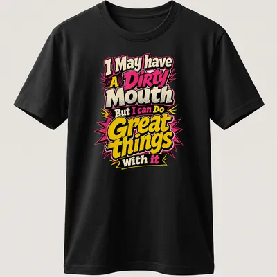 Bold comic-style t-shirt with humorous text and playful colors