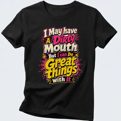 Bold comic-style t-shirt with humorous text and playful colors — printed on a women's shirt