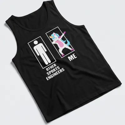 Cartoon unicorn dabbing in white, pink, blue, and yellow colors — printed on a tank top