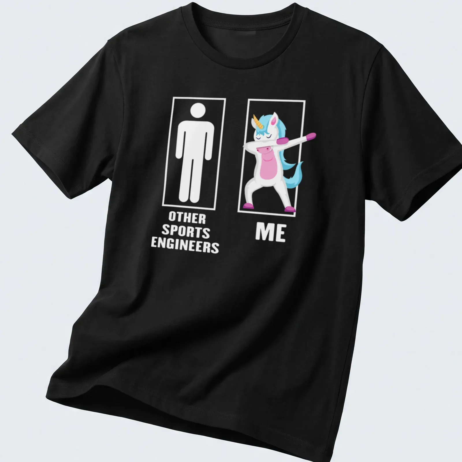 Cartoon unicorn dabbing in white, pink, blue, and yellow colors — printed on a unisex t-shirt