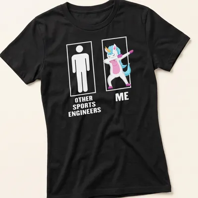 Cartoon unicorn dabbing in white, pink, blue, and yellow colors — printed on a women's shirt