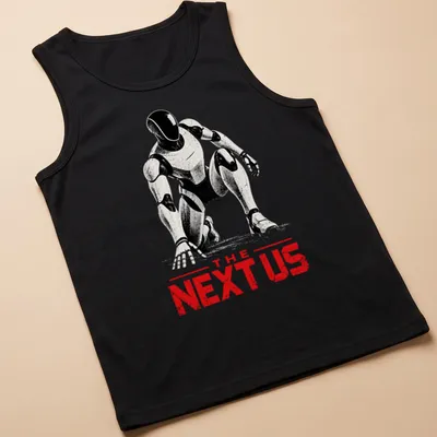 Silhouette of a futuristic android robot with the phrase 'THE NEXT US' in bold lettering — printed on a tank top