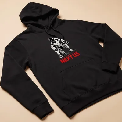 Silhouette of a futuristic android robot with the phrase 'THE NEXT US' in bold lettering — printed on a unisex hoodie