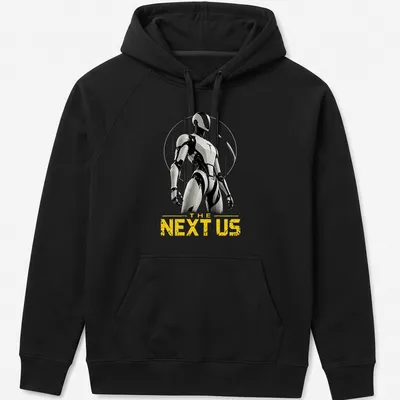 Futuristic humanoid robot silhouette with 'THE NEXT US' text in black, white, and yellow — printed on a unisex hoodie