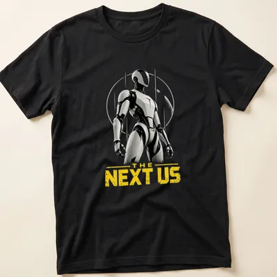 Futuristic humanoid robot silhouette with 'THE NEXT US' text in black, white, and yellow