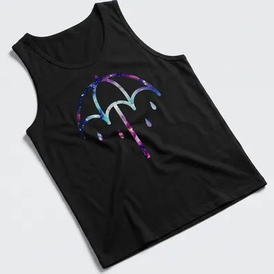 Illustration of a purple umbrella on a cosmic galaxy background in purple, blue, pink, and white — printed on a tank top