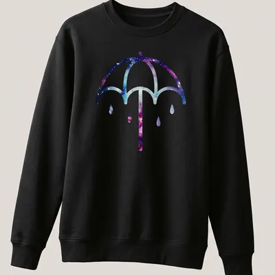 Illustration of a purple umbrella on a cosmic galaxy background in purple, blue, pink, and white — printed on a unisex sweatshirt