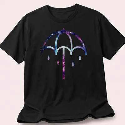 Illustration of a purple umbrella on a cosmic galaxy background in purple, blue, pink, and white