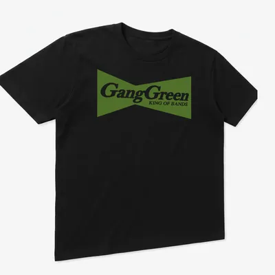 Bold typography Gang Green King Of Bands t-shirt in green and white — printed on a unisex t-shirt (angled view)