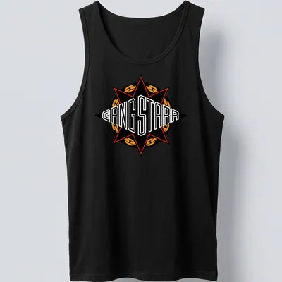 Bold graphic of the Gang Starr emblem with the text GANG STARR in black, red, and orange — printed on a tank top